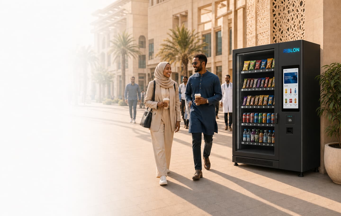 Riblon smart vending machine in a North African plaza at golden hour